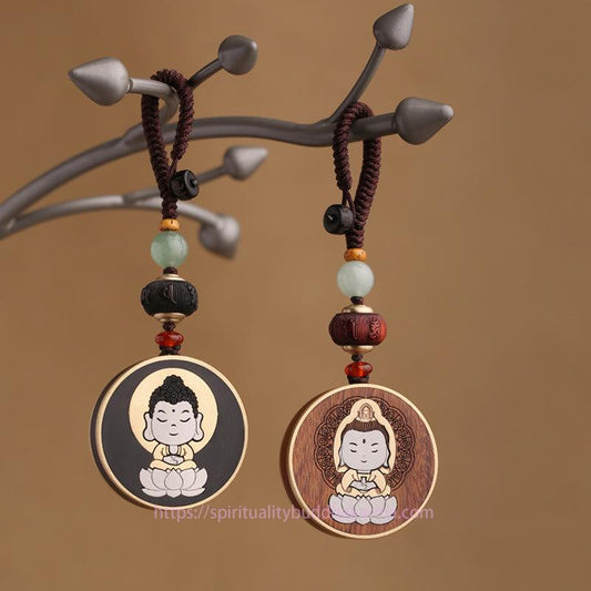 Spirituality Ebony Wood Rosewood Buddha Avalokitesvara Om Mani Padme Hum Balance Car Key Chain Decoration