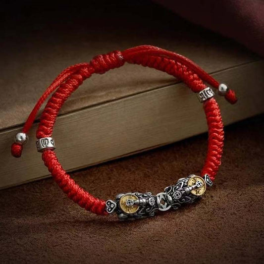 Ancient Tibetan Buddhist Red String Tradition  925 Sterling Silver PiXiu Prosperity String Braided Bracelet
