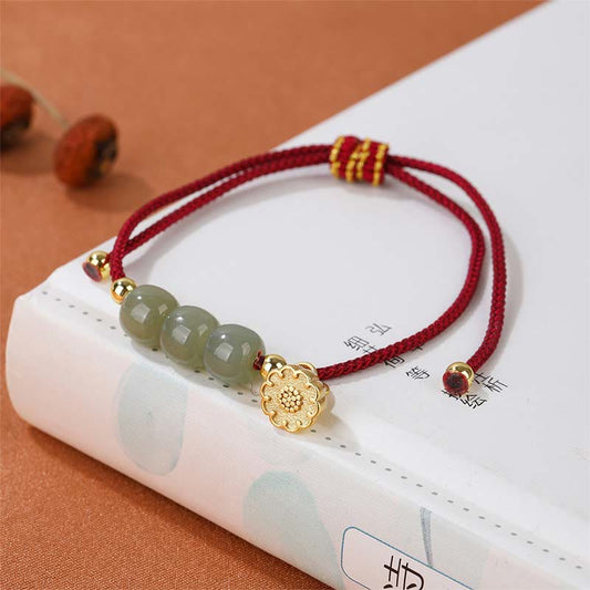 Ancient Tibetan Buddhist Red String Tradition  Handmade Hetian Jade Bead Lotus Pod Prosperity Luck Braided Bracelet