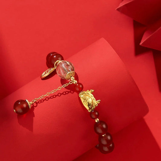 Jade  Year of the Dragon Dumpling Natural Red Agate Garnet Hetian Jade Fu Character Luck Success Bracelet
