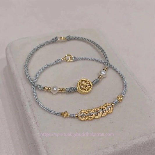 Ancient Tibetan Buddhist Red String Tradition  Copper Coin Fortune Tree Pearl Luck Blue Rope Braided Bracelet