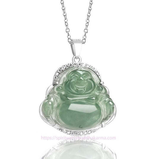 Jade  925 Sterling Silver Laughing Buddha Natural Jade Luck Prosperity Necklace Chain Pendant
