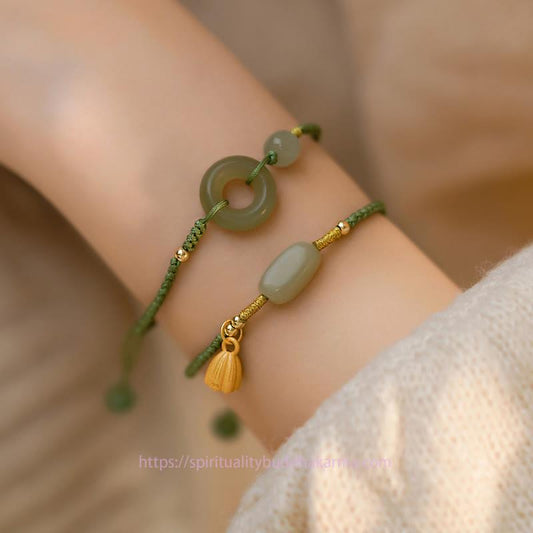 Jade  Lotus Jade Peace Buckle Bead Luck Happiness Charm String Bracelet