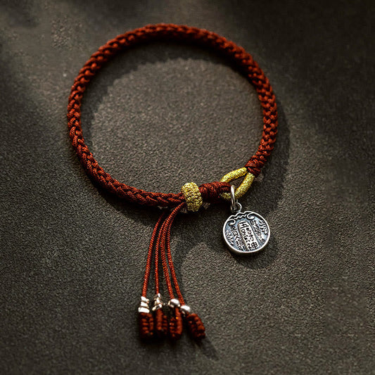 Ancient Tibetan Buddhist Red String Tradition  Handmade 925 Sterling Silver Five Directions Gods of Wealth Luck Protection String Braid Bracelet
