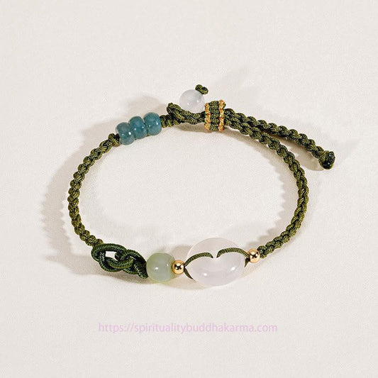 Ancient Tibetan Buddhist Red String Tradition  925 Sterling Silver White Chalcedony Peace Buckle Jade Positive Braided Bracelet