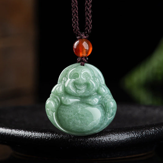 Collier d'énergie Bouddha, Bouddha rieur, pendentif en jade cyan, collier de succès.