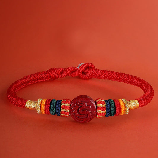 Bracelet de bénédiction en argent sterling 925, symbole de l'année du Dragon, orné d'allumettes porte-bonheur et de la tradition bouddhiste tibétaine ancestrale du fil rouge, représentant le zodiaque chinois et le cinabre. 