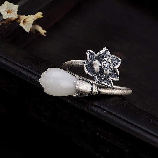 Bague ajustable en cuivre Jade Lotus et Lotus pour un équilibre et une guérison parfaits