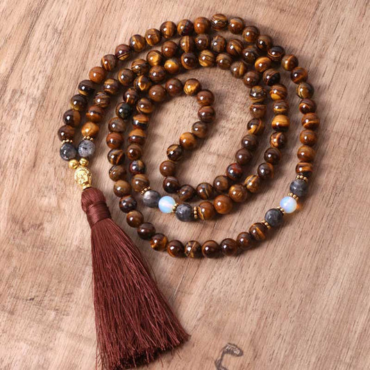 Buddha-Energie-Halskette, Anhänger mit tibetischem Tigerauge-Buddha-Symbol, Stärke und Kraft, Perlenquaste