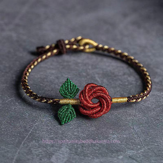 Antikes tibetisch-buddhistisches Armband mit rotem Faden, Rosenblüten, acht Fäden und Friedensknoten – handgefertigt