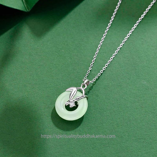 Jade  925 Sterling Silver Hetian Jade Bamboo Leaf Peace Buckle Prosperity Necklace Pendant