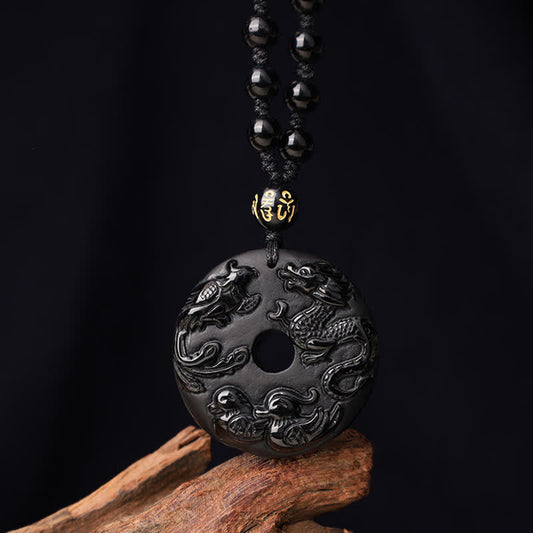 Spirituality Buddha Karma Black Obsidian Dragon Phoenix Mandarin Duck Luck Protection Necklace Pendant