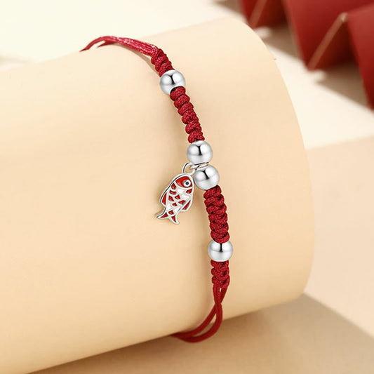 Ancient Tibetan Buddhist Red String Tradition  925 Sterling Silver Luck Koi Fish Wealth Handcrafted Braided Red Bracelet