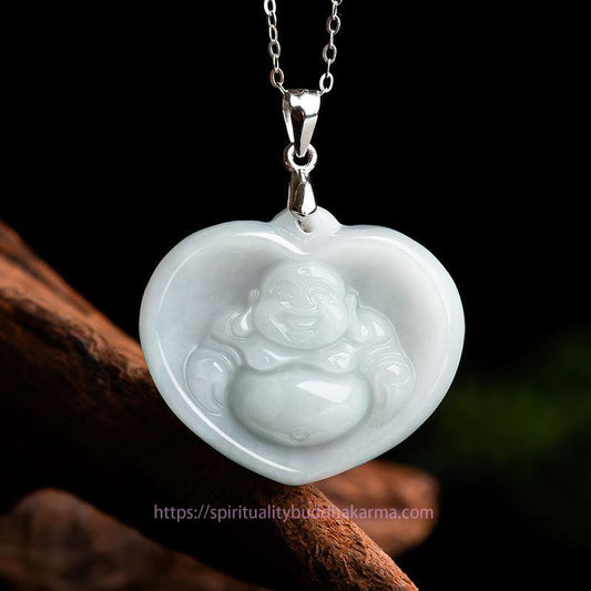 Spirituality 925 Sterling Silver Laughing Buddha White Jade Luck Blessing Necklace Pendant