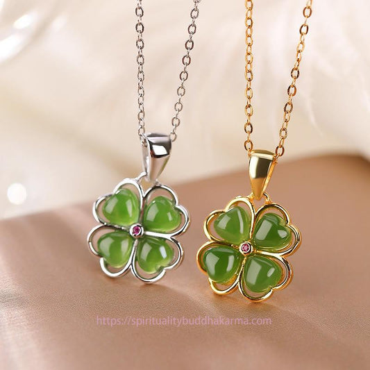 Jade  925 Sterling Silver Hetian Cyan Jade Lucky Four Leaf Clover Healing Necklace Pendant