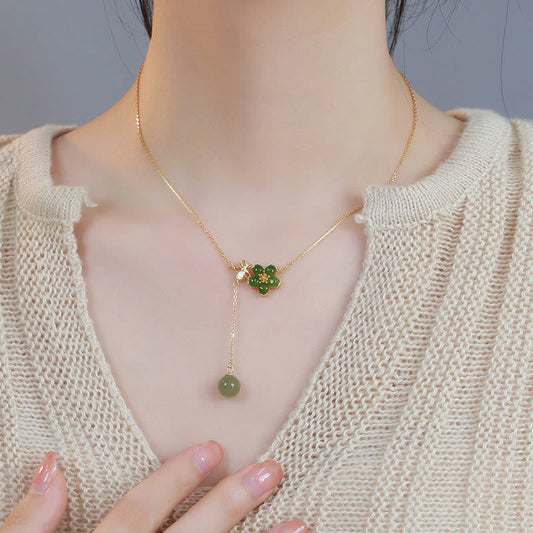 Jade  925 Sterling Silver Hetian Cyan Jade Plum Flower Blossom Design Luck Necklace Pendant