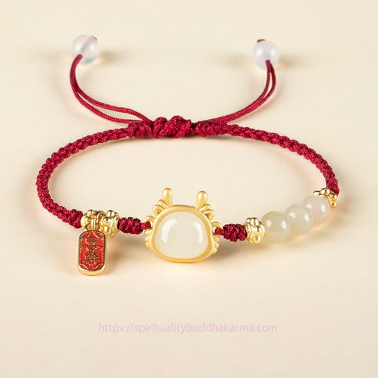 Ancient Tibetan Buddhist Red String Tradition  Year of the Dragon Hetian White Jade Fu Character Peace And Joy Protection Bracelet