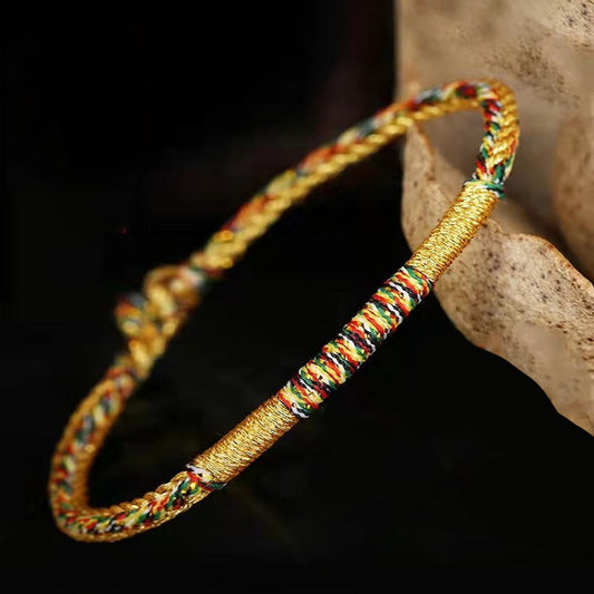 Tibetischer Knoten – Handgefertigtes, goldfarbenes, geflochtenes Armband/Fußkettchen mit Seilschutz 