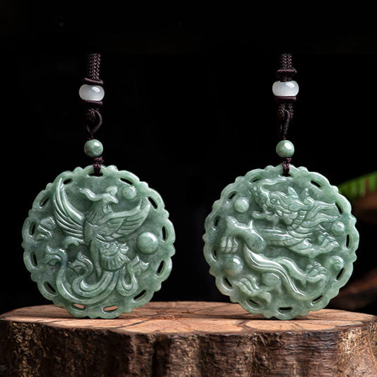 Jade  Chinese Zodiac Dragon Phoenix Round Jade Luck Necklace String Pendant