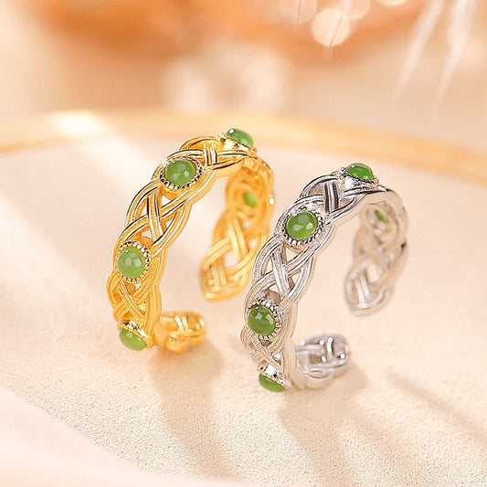 Jade  925 Sterling Silver Plated Gold Cyan Jade Braided Design Success Luck Adjustable Ring