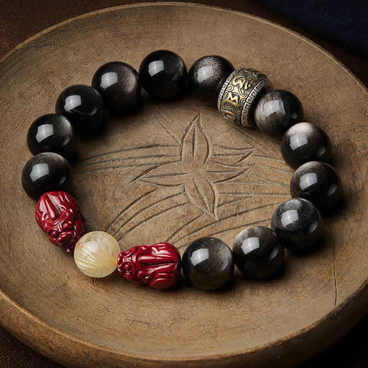 Spiritualität Buddha Karma Gold Glanz Obsidian PiXiu Zinnober Om Mani Padme Hum Schutzarmband