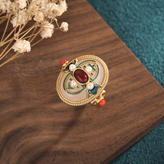 Jade  White Jade Red Agate Happiness Luck Ring