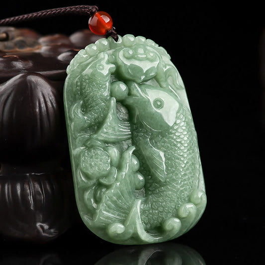 Jade  Natural Jade Koi Fish Lotus Wealth Prosperity Necklace Pendant