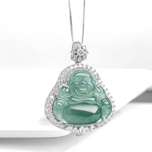 Jade  925 Sterling Silver Laughing Buddha Natural Jade Luck Abundance Chain Necklace Pendant