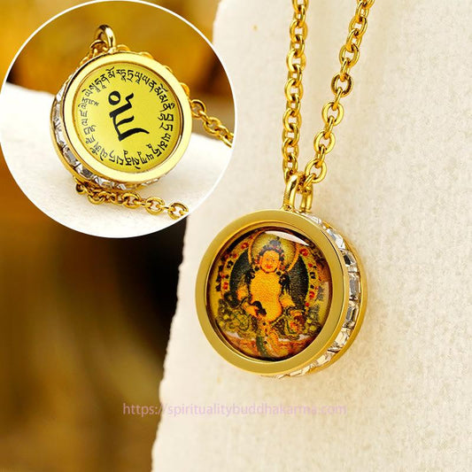 Collier d'énergie de Bouddha, pendentif en acier titane représentant Tara, déesse tibétaine de la richesse, jaune et verte, symbole de sérénité et divinité du Bouddha Tara. 