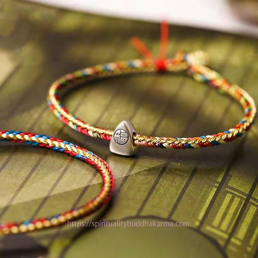 Ancient Tibetan Buddhist Red String Tradition  925 Sterling Silver Fu Character Zongzi Pattern Multicolored String Luck Handmade Braided Bracelet