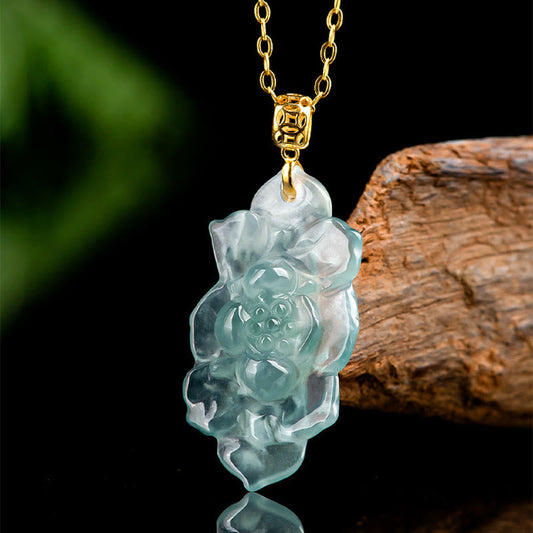Jade  18K Gold Natural Jade Lotus Pattern Prosperity Necklace Pendant
