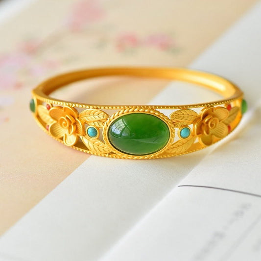 Jade  Cyan Jade White Jade Flower Leaf Harmony Luck Bracelet Bangle