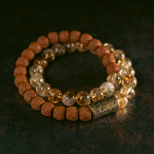 Goldenes Energie-Citrin-Armband mit natürlicher Fülle, Solarplexus-Chakra (drittes Chakra), Kristall-Rudraksha-Bodhi-Samen-Messingperle, Wohlstands-Doppelwickelarmband 