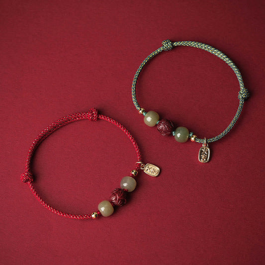Ancient Tibetan Buddhist Red String Tradition  14K Gold Plated Hetian Jade Cinnabar Lotus Luck Handcrafted Rope Bracelet