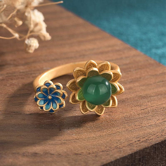 Jade  Lotus Pattern Jade Abundance Adjustable Ring