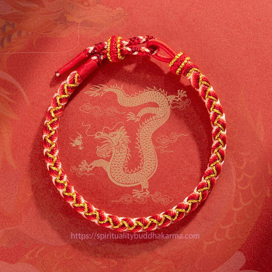 Bracelet de protection en corde rouge, fait main, selon la tradition bouddhiste tibétaine ancestrale, inspiré de l'année du Dragon.