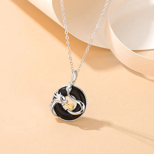 Jade  925 Sterling Silver Year of the Dragon Natural Black Onyx Chalcedony Dragon Phoenix Peace Buckle Protection Necklace Pendant