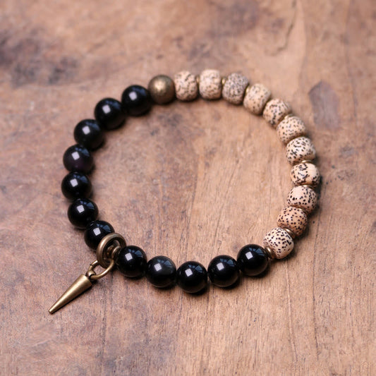 Spiritualität Buddha Karma Tibetisches Bodhi-Samen Schwarzes Obsidian Ebenholz Kupfer Friedensarmband