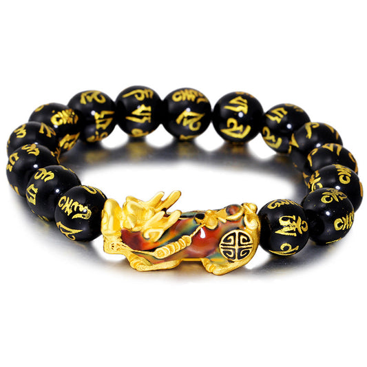 Spiritualität Buddha Karma FengShui PiXiu Obsidian Om Mani Padme Hum Wohlstandsarmband 