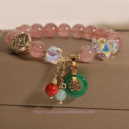 Jade  Strawberry Quartz Jade Fu Character Charm Healing Bracelet