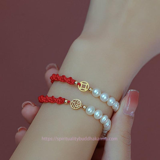Ancient Tibetan Buddhist Red String Tradition  14K Gold Plated Pearl Bead Luck Protection Braid Red String Bracelet