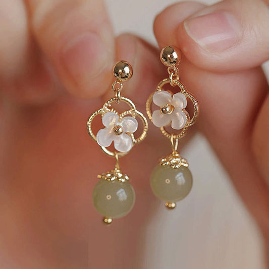 Jade  Tridacna Stone Flower Jade Bead Blessing Drop Earrings