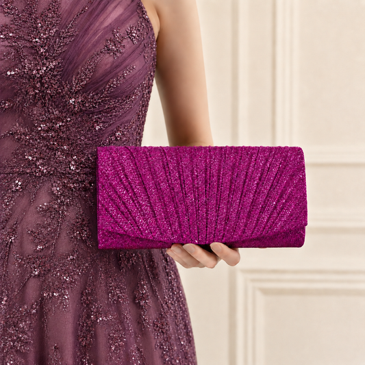 Women’s Glitter Evening Clutch Bag, Sparkly Pleated Party Handbag for Wedding, Prom, Dinner and Formal Events, Available in 5 Colors