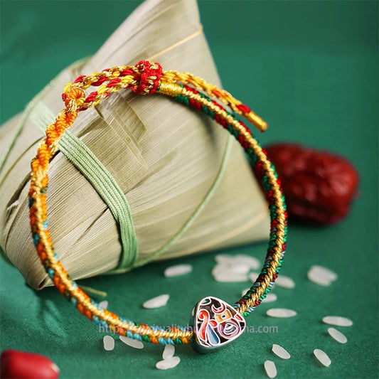 Ancient Tibetan Buddhist Red String Tradition  925 Sterling Silver Dragon Boat Festival Fu Character Zongzi Pattern Luck Handmade Multicolored Child Adult Bracelet