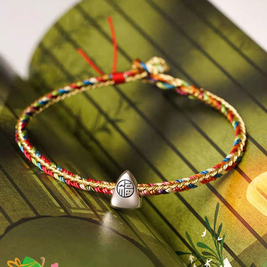 Ancient Tibetan Buddhist Red String Tradition  925 Sterling Silver Fu Character Zongzi Pattern Multicolored String Luck Handmade Braided Bracelet