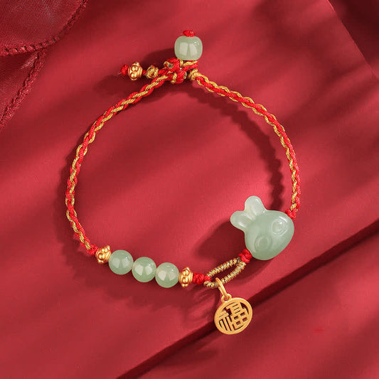 Jade-Armband aus 925er Sterlingsilber, Jahr des Hasen, Hetian-Jade, Glückssymbol, rote Schnur 