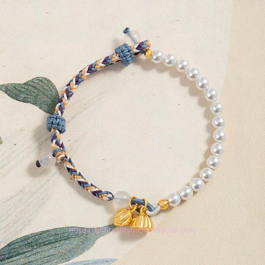 Ancient Tibetan Buddhist Red String Tradition  925 Sterling Silver Lotus Pearl Colorful Rope Chalcedony Prosperity Bracelet