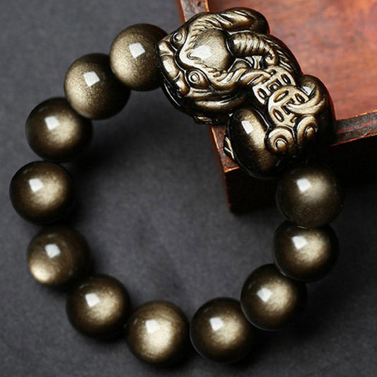 Spiritualität Buddha Karma FengShui PiXiu Goldenes Obsidian Schutzarmband 