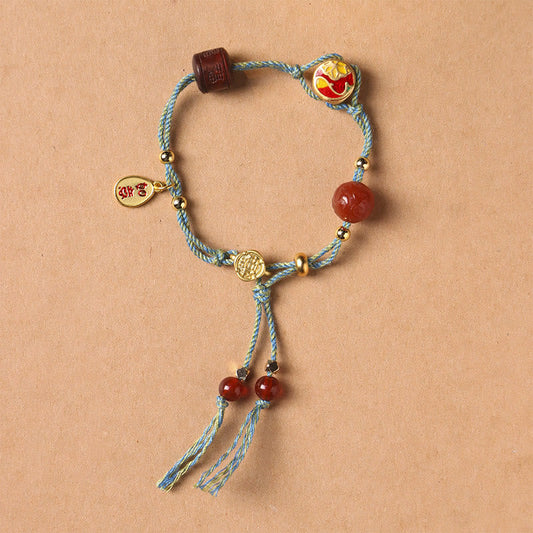 Ancient Tibetan Buddhist Red String Tradition  Handmade Auspicious Clouds Hetian Jade Fu Character Luck Fortune Rope Bracelet