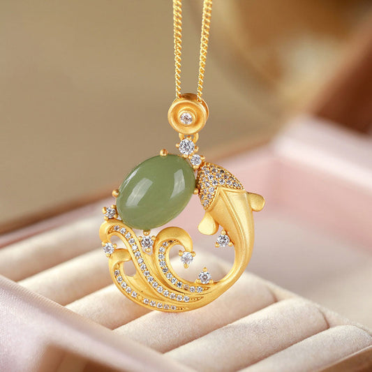 Jade  Cyan Jade Koi Fish Healing Calm Necklace Pendant
